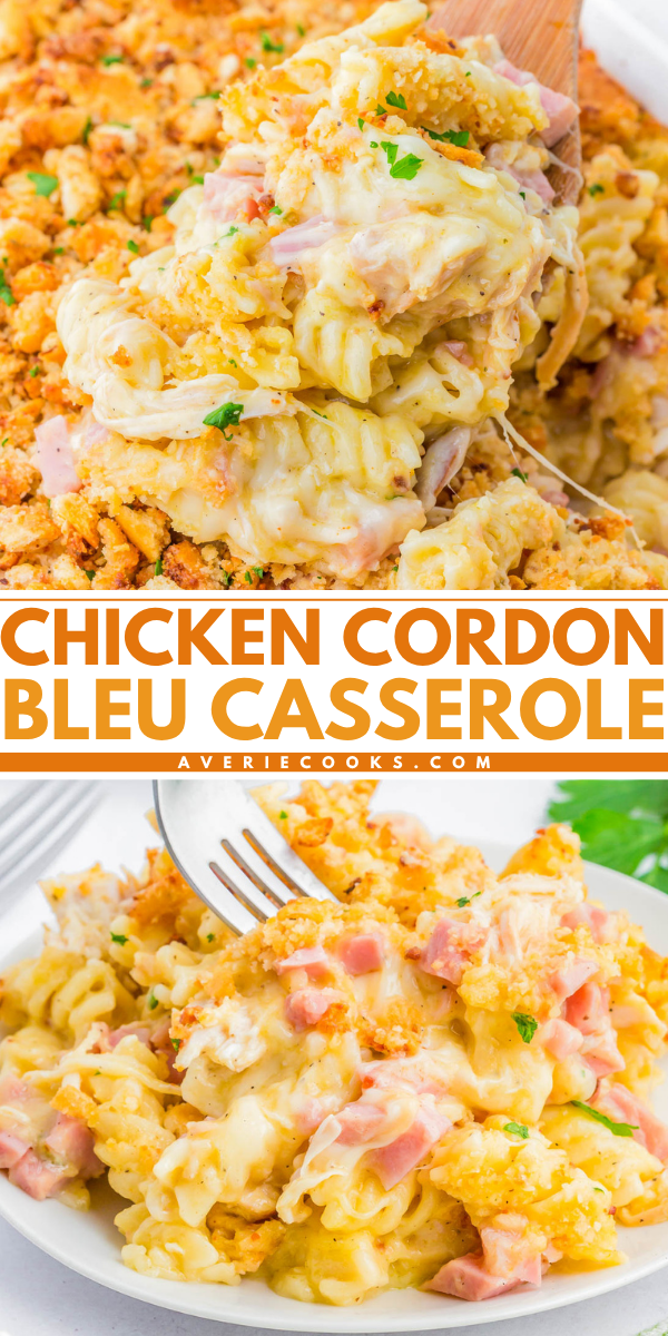 A serving of chicken cordon bleu casserole with pasta, ham, melted cheese, and a crispy breadcrumb topping, garnished with parsley.