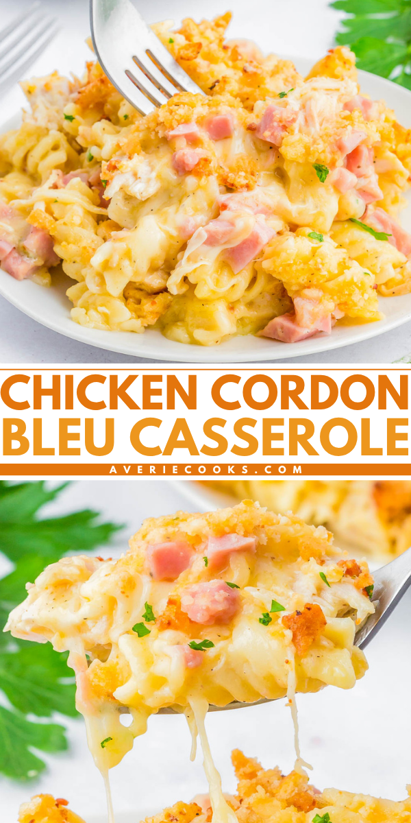 A cheesy chicken cordon bleu casserole with pasta, ham, and a crispy breadcrumb topping served in a white dish, shown close up with a serving spoon and fork.