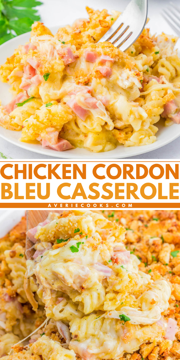 Close-up of chicken cordon bleu casserole with pasta, ham, chicken, melted cheese, and a breadcrumb topping served on a white plate and in a baking dish.