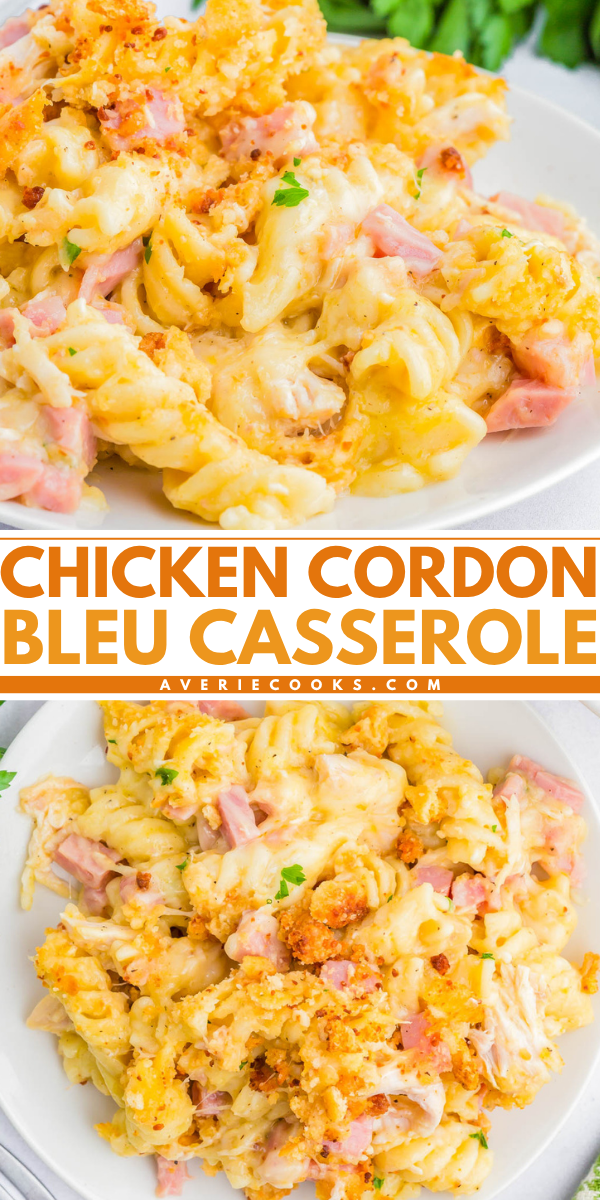 Two plates of chicken cordon bleu casserole made with pasta, ham, chicken, cheese, and a golden breadcrumb topping are shown in close-up.