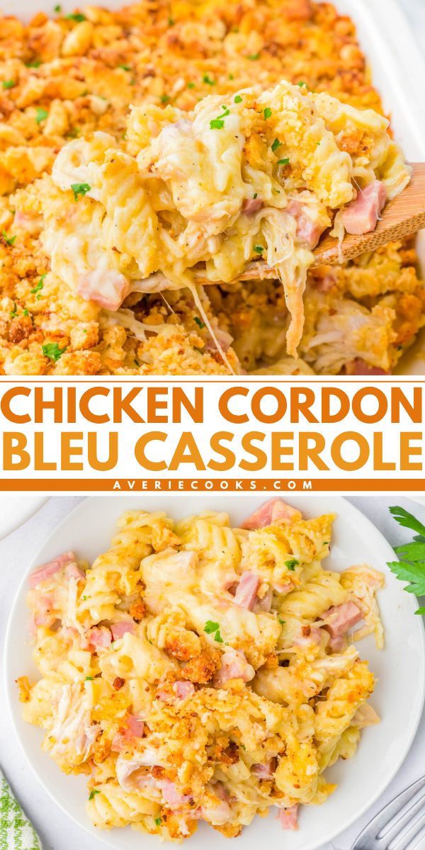 Chicken Cordon Bleu casserole with shredded chicken, ham, pasta, melted cheese, and a golden breadcrumb topping, served on a white plate.
