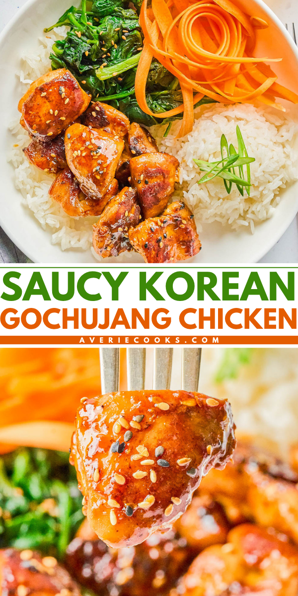 Plate of Korean gochujang chicken with rice, sautรฉed greens, and carrot ribbons, topped with sesame seeds and green onion; close-up of a fork holding a chicken piece.