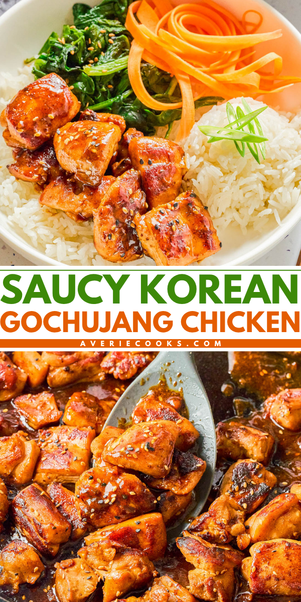 A bowl of white rice topped with saucy gochujang chicken, cooked spinach, and carrot ribbons; close-up of saucy chicken pieces in a pan, garnished with sesame seeds.