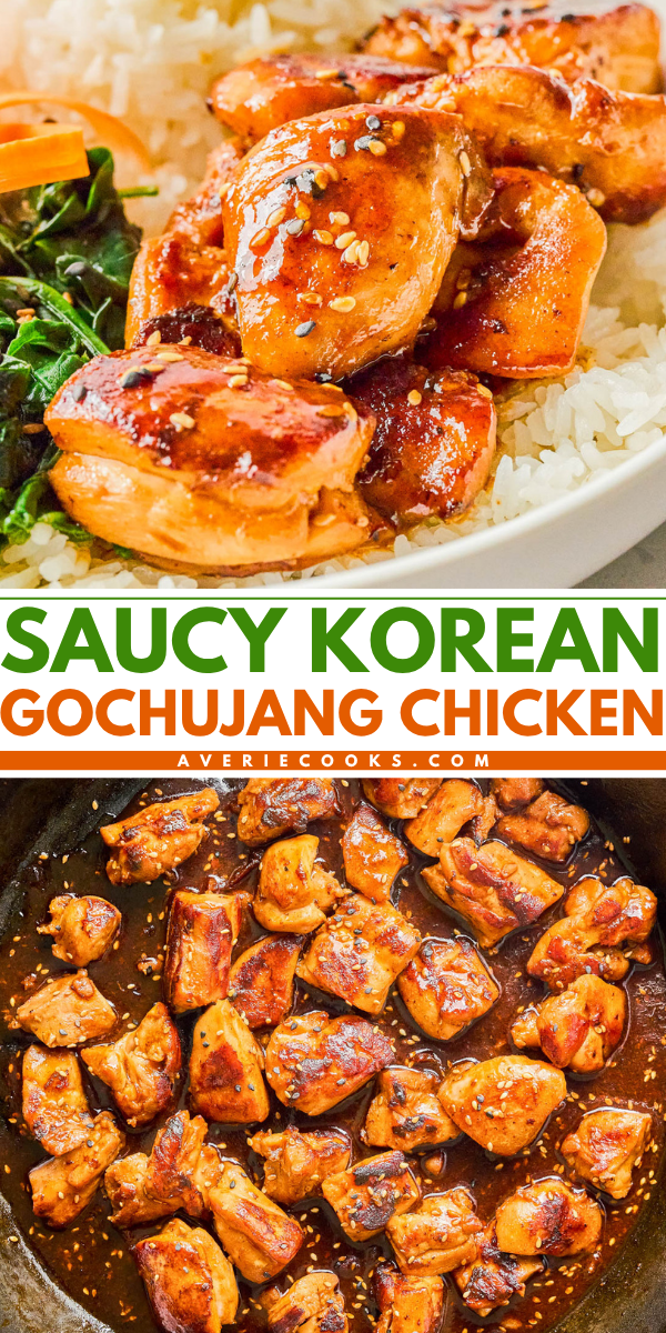 Cooked pieces of Korean gochujang chicken served over rice with greens, and in a pan being cooked with sauce.