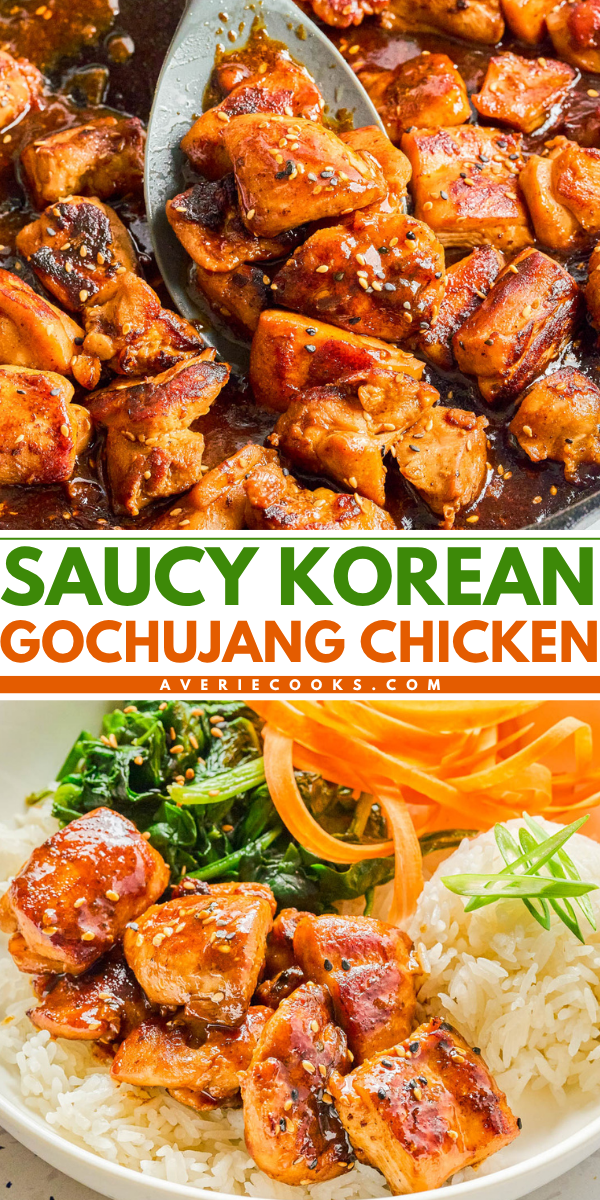Close-up of saucy Korean gochujang chicken served with rice, sautรฉed greens, and julienned carrots on a white plate.