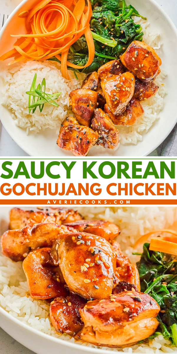A plate of gochujang chicken served with white rice, sautรฉed greens, and spiralized carrots, garnished with sesame seeds and green onions.