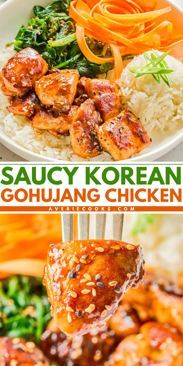 Bowl of gochujang-glazed chicken with white rice, sautรฉed greens, pickled carrot ribbons, and garnished with sesame seeds; close-up of a chicken piece on a fork.