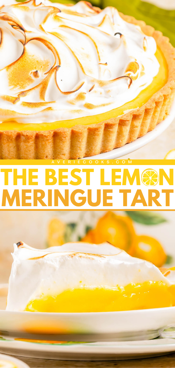 A lemon meringue tart with a golden crust and fluffy toasted meringue, shown whole and sliced, on a white plate with lemons in the background. Text reads "The Best Lemon Meringue Tart.