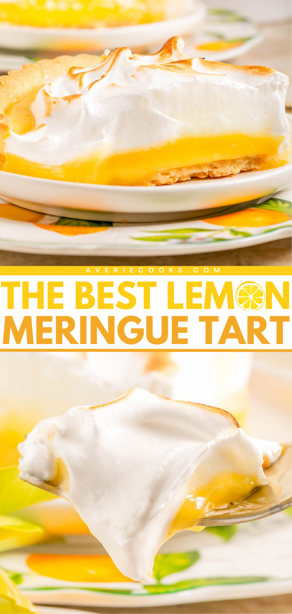 A slice of lemon meringue tart with a golden crust and fluffy meringue on a plate, shown in close-up and being lifted with a fork.