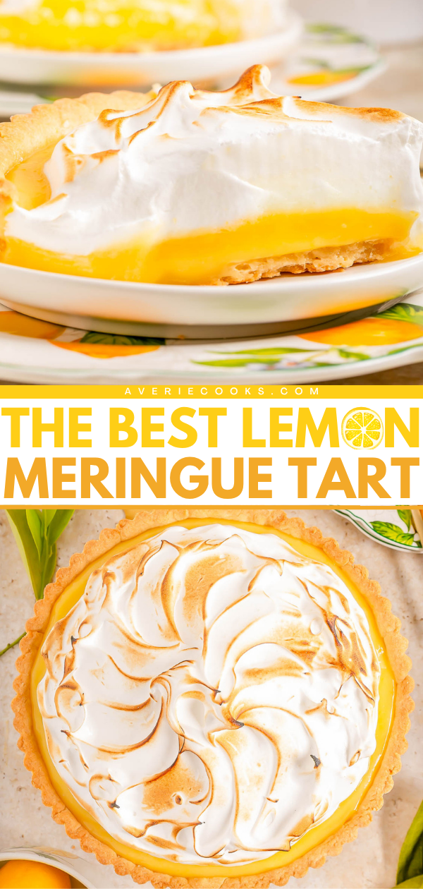 A lemon meringue tart with a golden crust, yellow lemon filling, and fluffy toasted meringue topping, shown in a sliced view and a whole tart from above. Text reads "The Best Lemon Meringue Tart.
