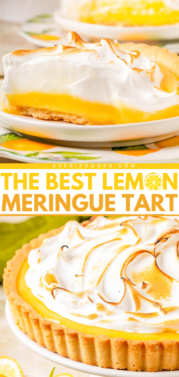 A slice and a whole lemon meringue tart with a golden crust, yellow lemon filling, and fluffy toasted meringue topping.
