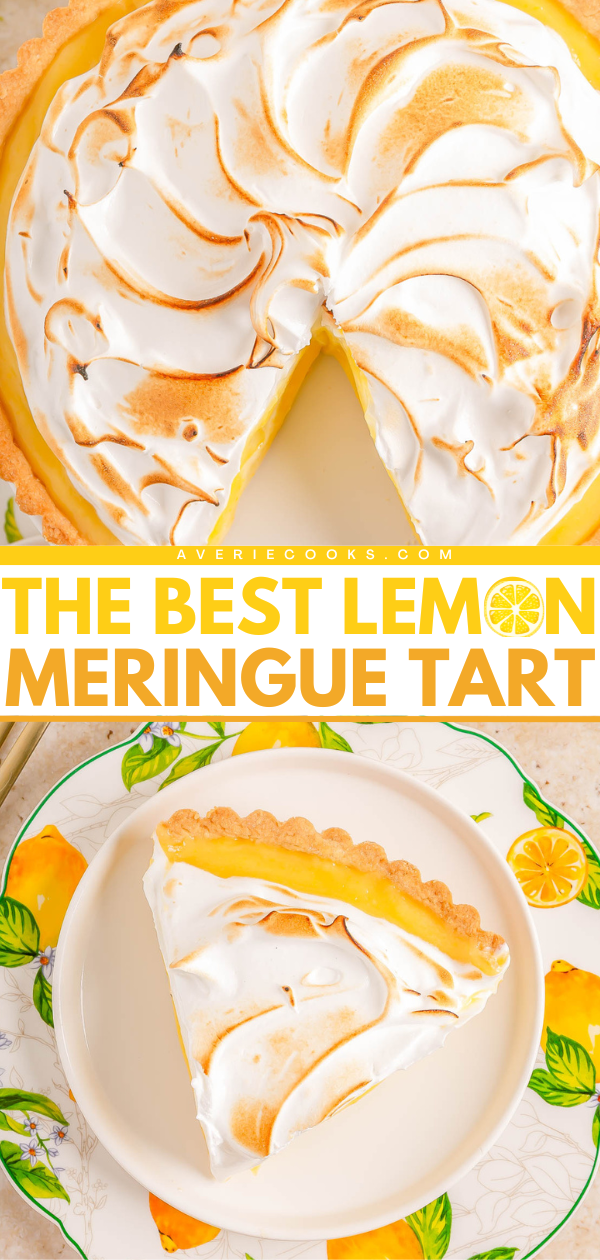 Overhead view of a lemon meringue tart with a slice cut out, shown whole and as a single slice on a decorative plate.