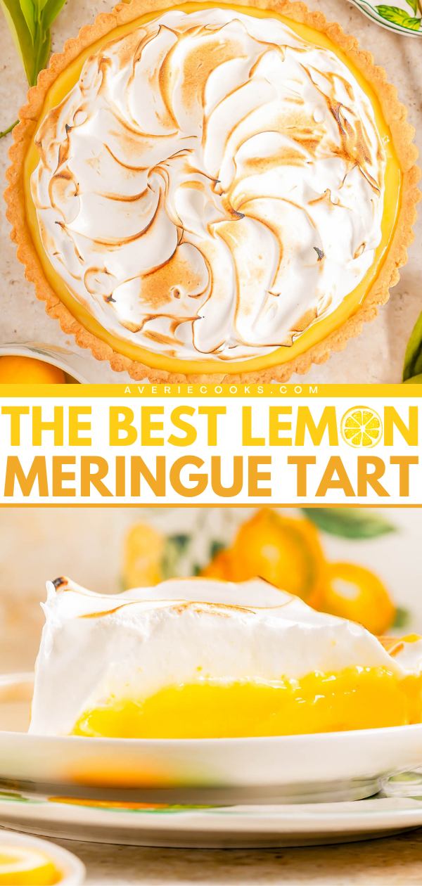 A lemon meringue tart with a swirled, browned meringue topping, shown whole above and in a close-up sliced view below on a white plate.