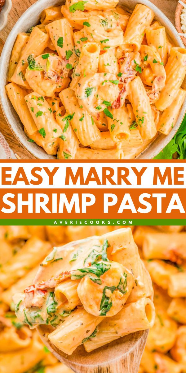 Creamy rigatoni pasta with shrimp, sun-dried tomatoes, and fresh herbs, served in a bowl and shown on a wooden spoon. Text reads "Easy Marry Me Shrimp Pasta.