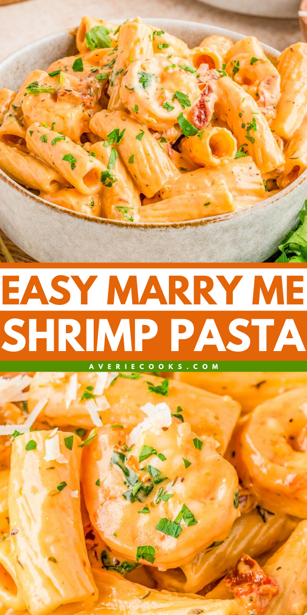A bowl of creamy shrimp pasta garnished with chopped parsley, with close-up shots highlighting the rigatoni and shrimp. Text reads: "Easy Marry Me Shrimp Pasta.