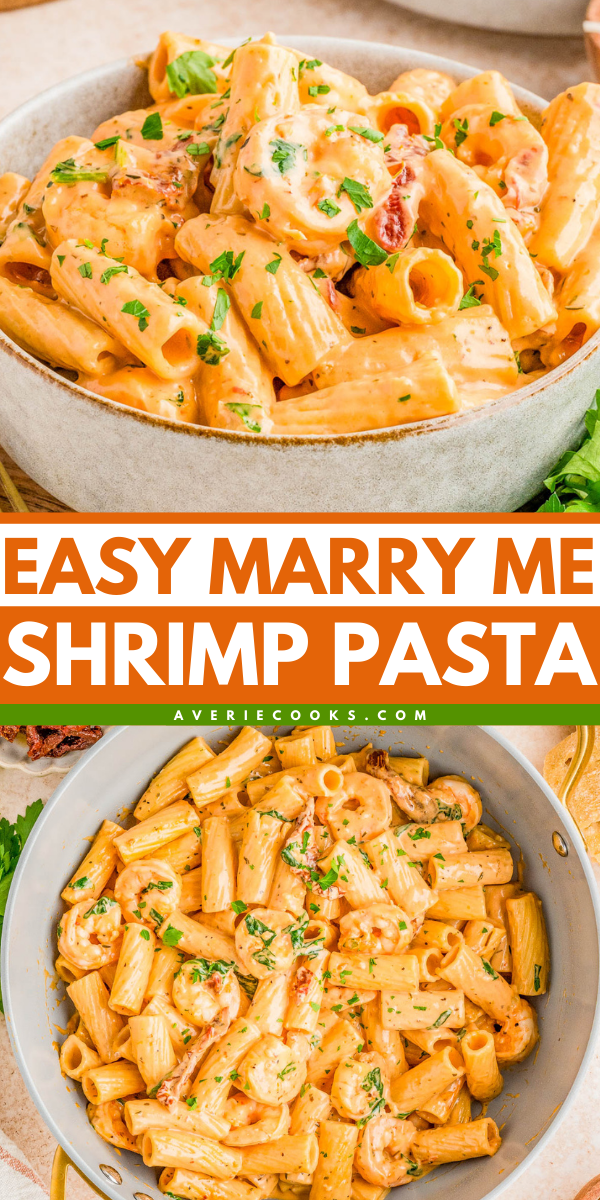 Two bowls of creamy rigatoni pasta with shrimp, garnished with parsley. The text "Easy Marry Me Shrimp Pasta" appears between the two images.