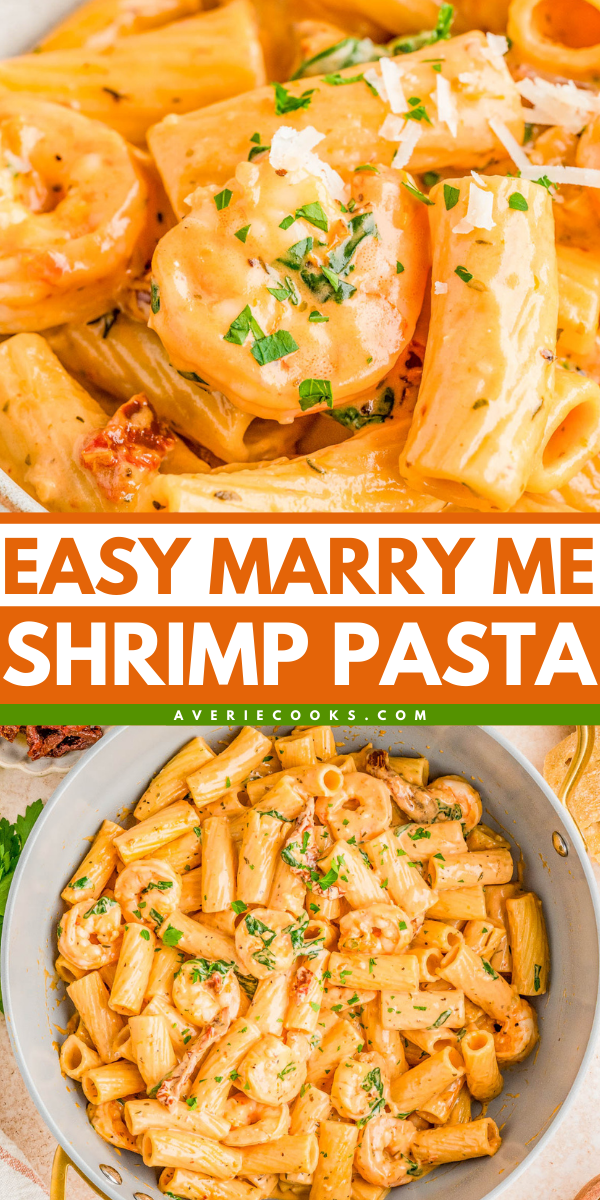 Close-up view of creamy shrimp pasta with rigatoni and herbs, shown plated and in a pan. Text overlay reads "Easy Marry Me Shrimp Pasta" with website "averiecooks.com".
