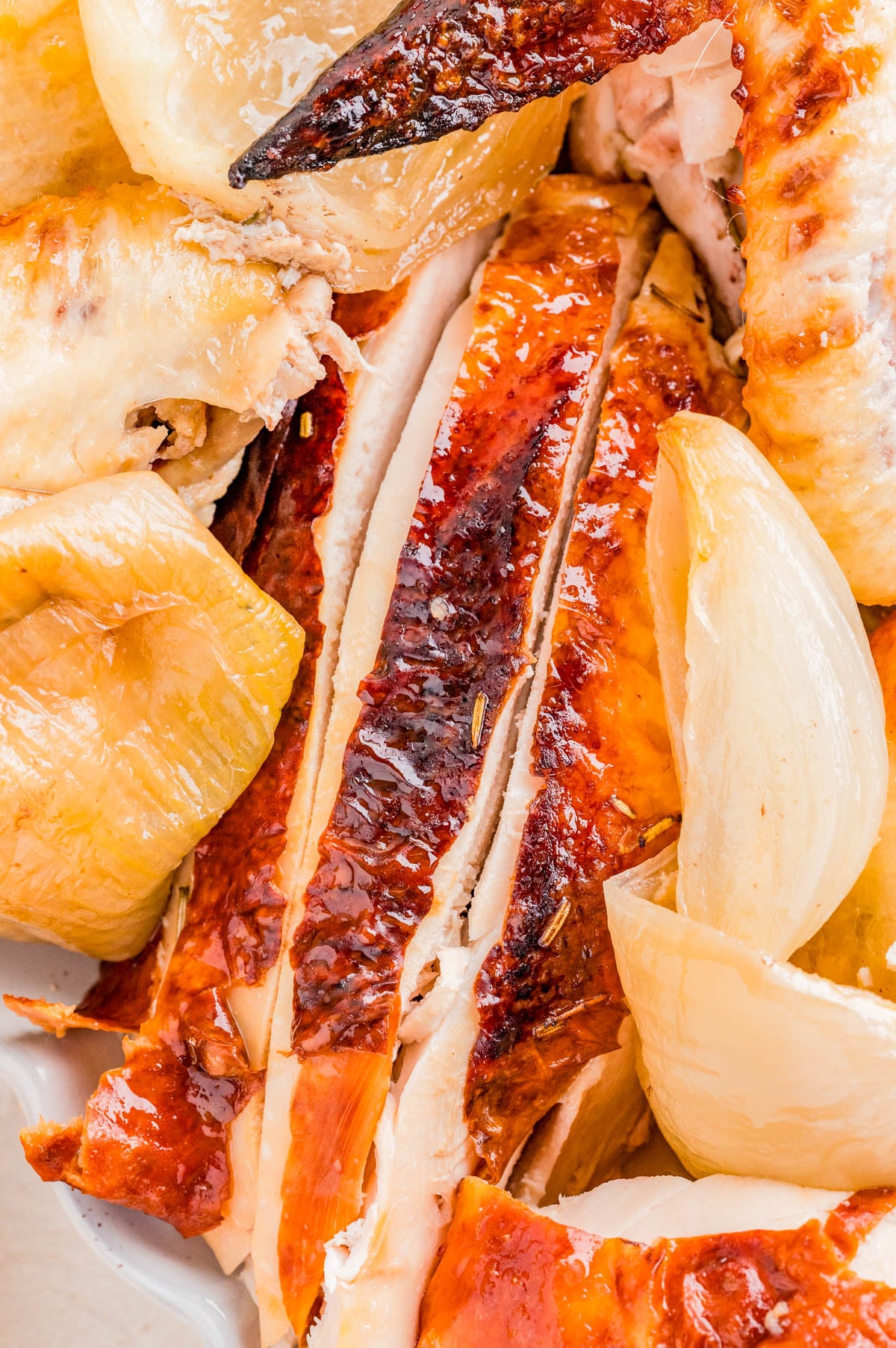 Close-up of roasted chicken with crispy skin, sliced breast meat, and pieces of cooked onion.