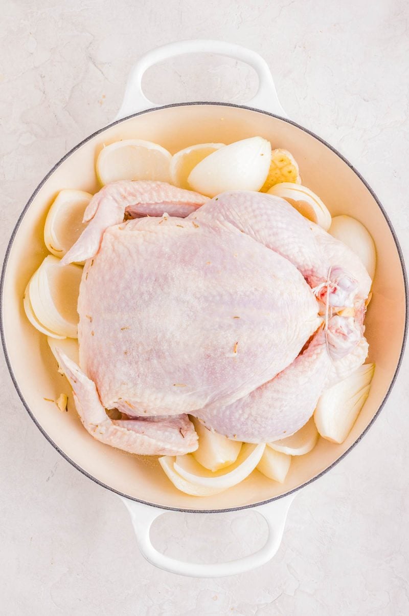 Whole raw chicken placed in a white pot surrounded by quartered onions on a light-colored surface.