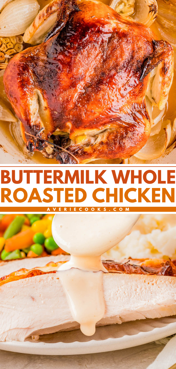 A whole roasted chicken in a pan with onions above a plate of sliced chicken breast topped with creamy sauce, vegetables, and mashed potatoes.