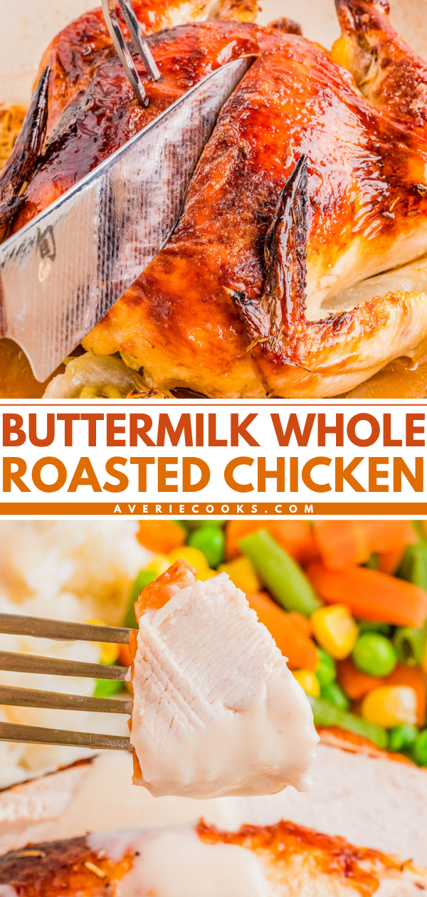 A whole roasted chicken being carved with a knife and fork, with a close-up of a fork holding a slice of chicken topped with gravy, served with mixed vegetables.