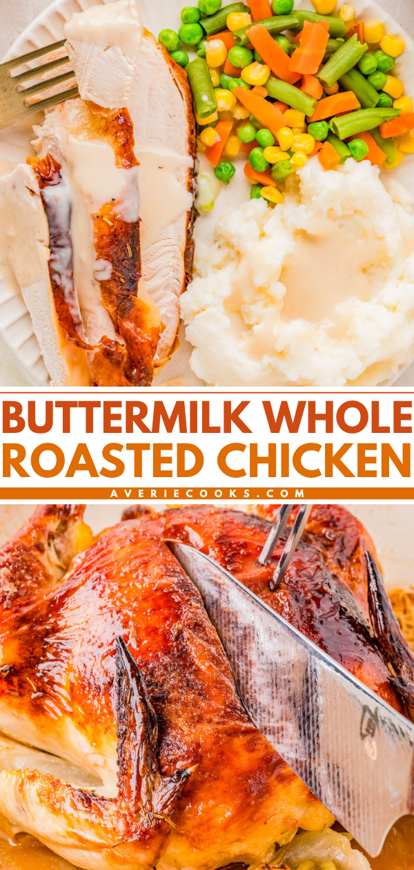 Sliced roasted chicken breast with gravy, mashed potatoes, and mixed vegetables on a plate; a whole roasted chicken being carved with a knife.