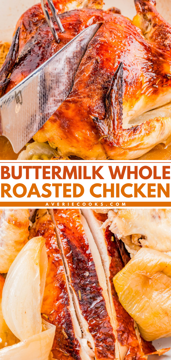 A buttermilk whole roasted chicken being sliced with a knife, served with roasted onions on the side.