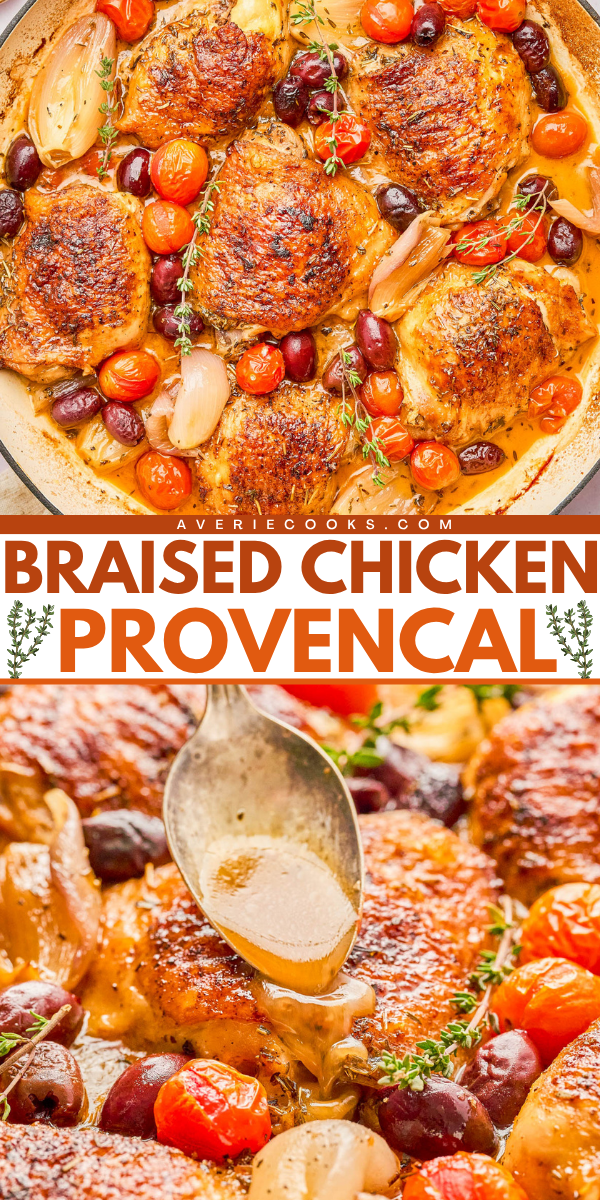 Braised chicken thighs cooked with cherry tomatoes, olives, shallots, and herbs in a skillet, served with a spoonful of sauce.