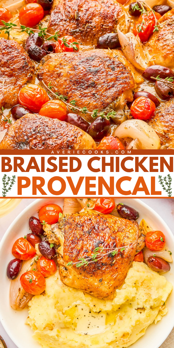 Braised chicken with crispy skin served with cherry tomatoes, olives, shallots, and herbs, plated with mashed potatoes.