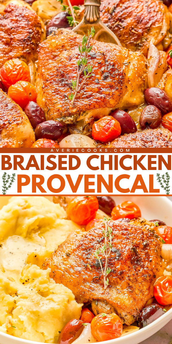 Braised chicken with crispy skin, cherry tomatoes, olives, and herbs served with mashed potatoes on a white plate.