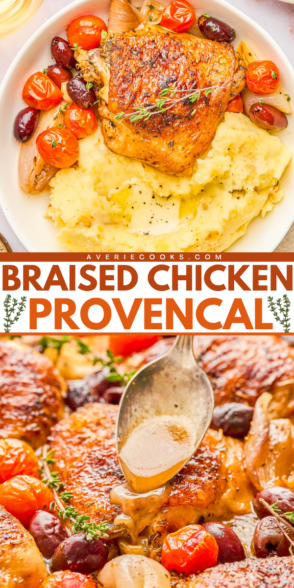 Braised chicken with crispy skin served atop mashed potatoes, garnished with roasted tomatoes, olives, and shallots, with sauce being spooned over in close-up.