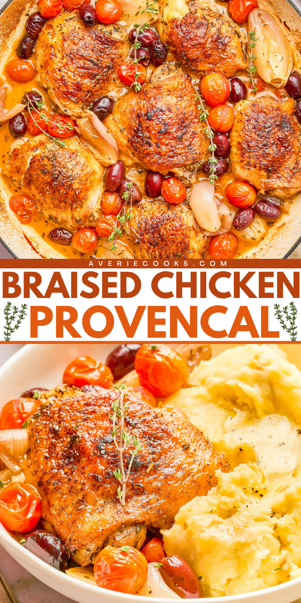Braised chicken thighs with cherry tomatoes, shallots, olives, and herbs in a skillet, served with mashed potatoes on a plate.