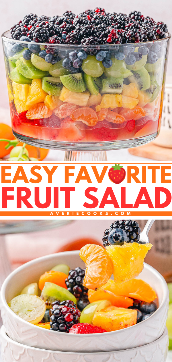 Layered fruit salad with blackberries, kiwi, grapes, oranges, and melon in a glass bowl, served in a smaller bowl with a spoonful of assorted fruit.