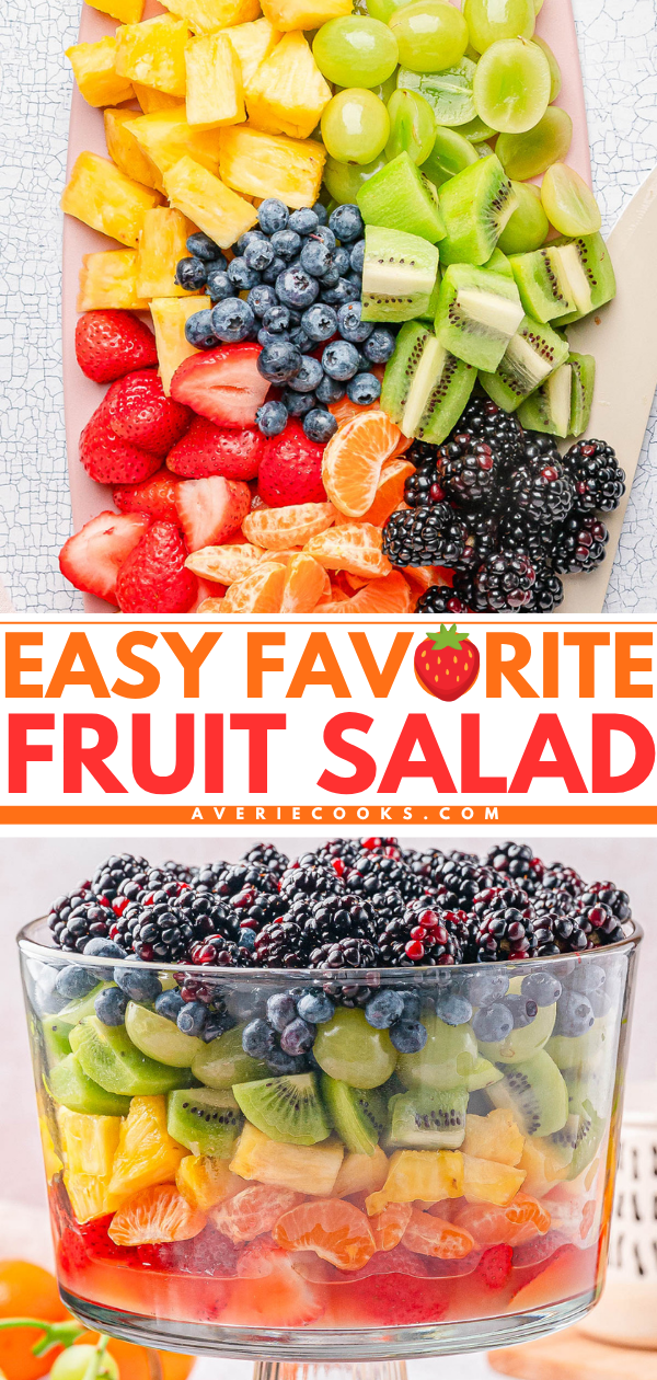 A platter with assorted fresh fruits including pineapple, green grapes, kiwi, strawberries, blueberries, and blackberries, and a trifle bowl layered with the same fruits.