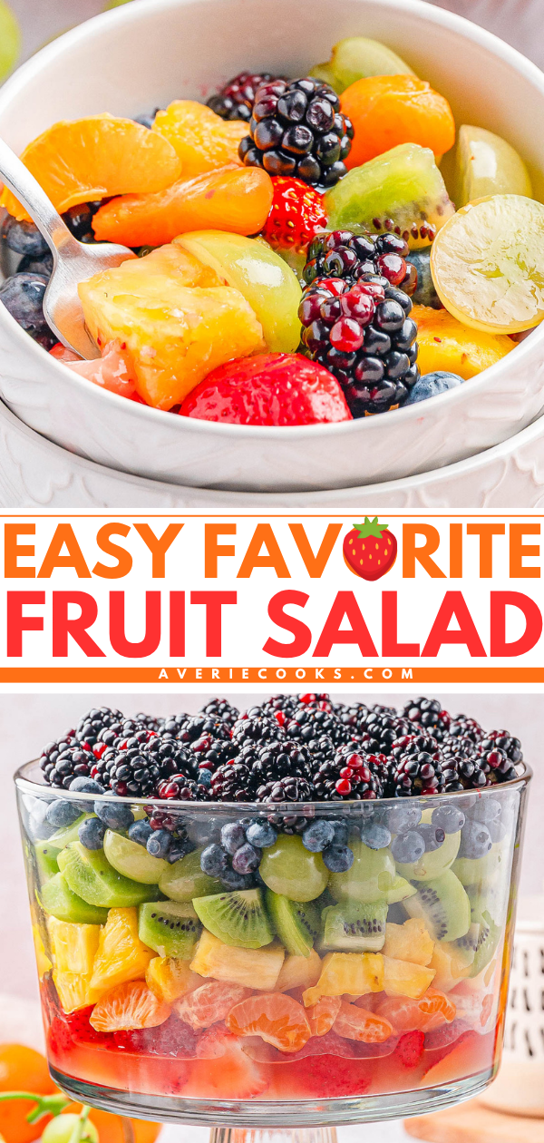 Close-up of a mixed fruit salad in a bowl and a large glass trifle dish, featuring various fresh fruits like berries, grapes, kiwi, pineapple, and oranges. Text reads "Easy Favorite Fruit Salad.