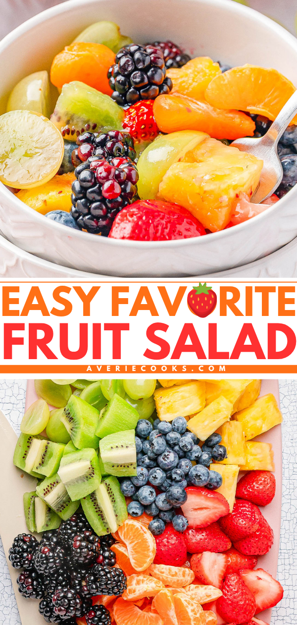 A bowl and platter filled with assorted fresh fruits including strawberries, blackberries, pineapple, kiwi, grapes, blueberries, and orange segments.