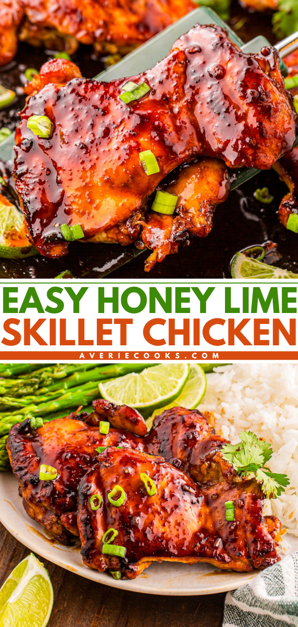 Close-up of glazed honey lime skillet chicken garnished with green onions, served with rice, asparagus, and lime wedges.