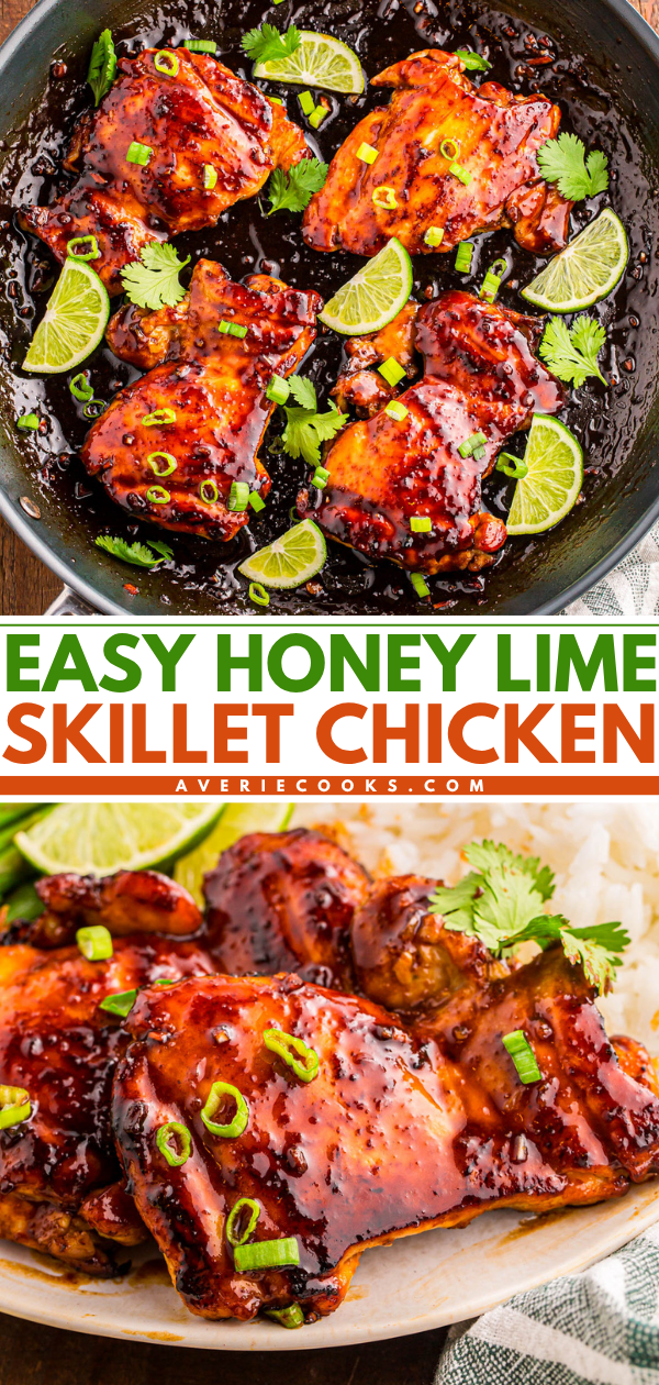 Chicken thighs cooked in a skillet with a glossy honey lime sauce, garnished with lime slices, green onions, and cilantro, served with rice.