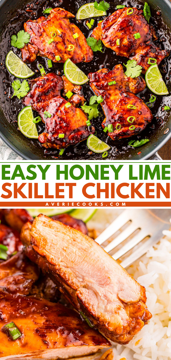 Chicken thighs cooked in a dark honey lime sauce, garnished with lime slices and herbs in a skillet, with a close-up of a chicken piece served with white rice.