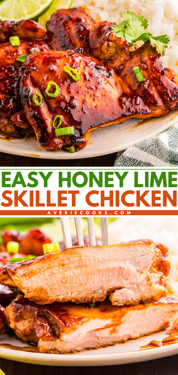 Plate of honey lime glazed chicken garnished with cilantro and green onions, served with rice. A fork slices into a juicy piece of chicken to show the inside. Text reads “Easy Honey Lime Skillet Chicken.”.