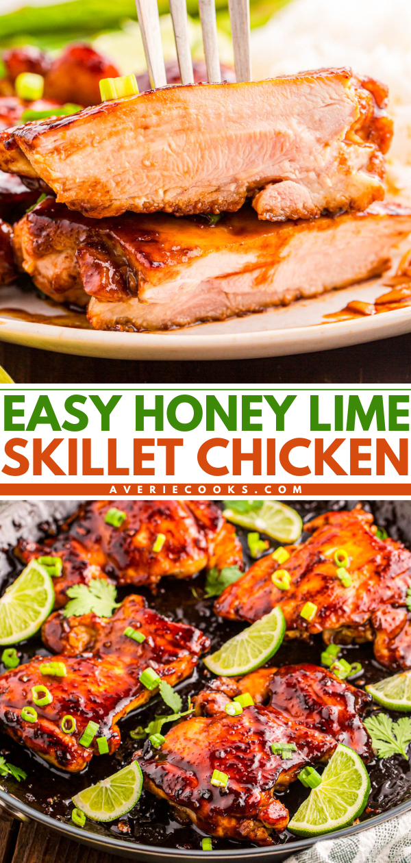 Honey lime glazed chicken thighs garnished with chopped green onions and lime slices, shown both sliced on a plate and cooking in a skillet.
