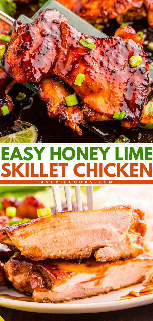 Close-up of glazed chicken pieces garnished with green onions, labeled "Easy Honey Lime Skillet Chicken," with a fork cutting into a piece to show the juicy interior.
