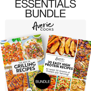Two Averie Cooks cookbooks titled "The Best 35 Grilling Recipes" and "30 Easy High Protein Recipes" are shown as part of an "Essentials Bundle.