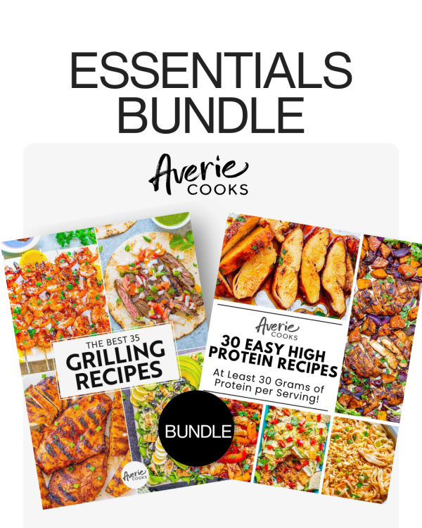 Two Averie Cooks cookbooks titled "The Best 35 Grilling Recipes" and "30 Easy High Protein Recipes" are shown as part of an "Essentials Bundle.
