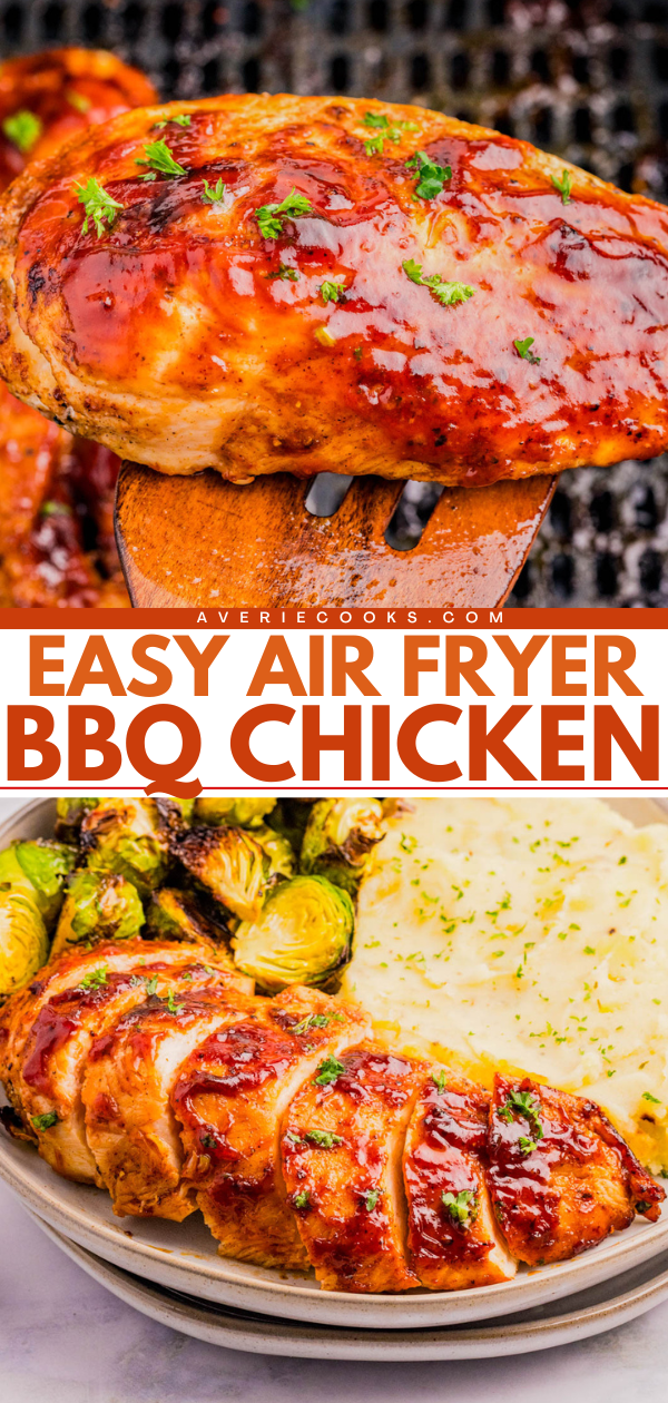 Grilled BBQ chicken breast garnished with herbs, served with roasted Brussels sprouts and mashed potatoes on a plate. Text reads: "Easy Air Fryer BBQ Chicken.
