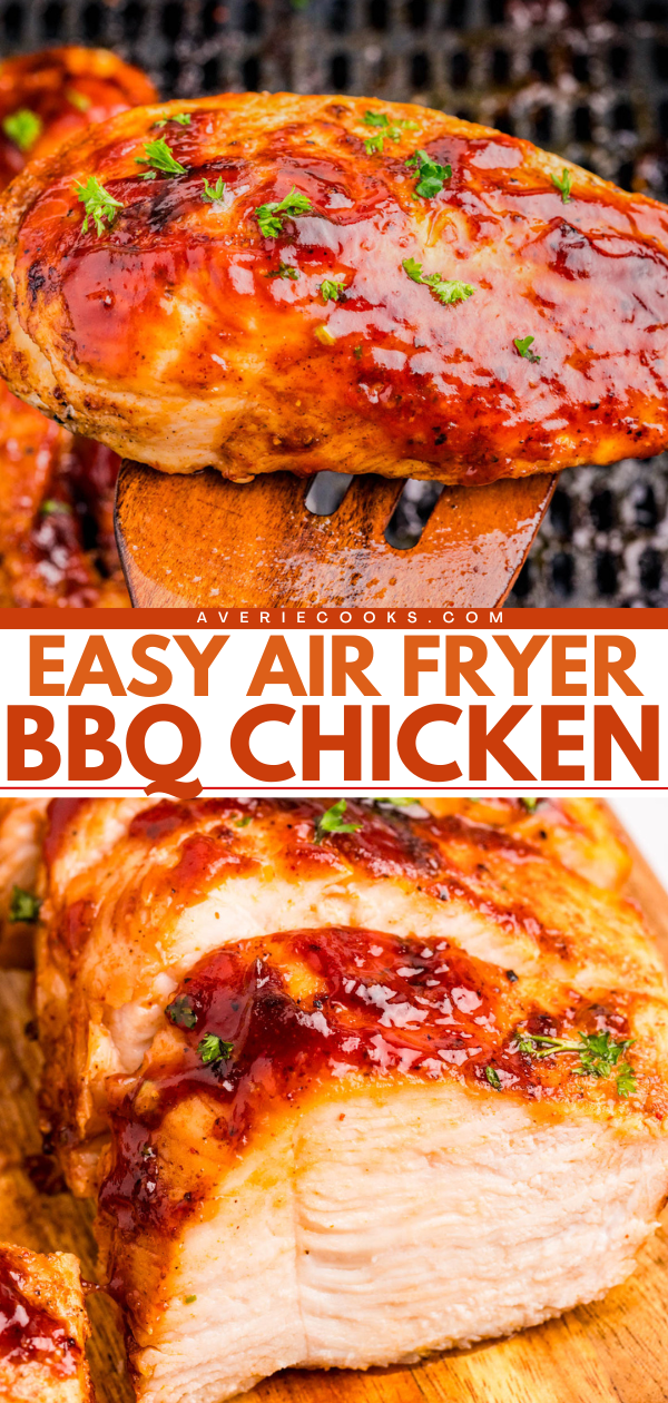 Close-up of glazed BBQ chicken breast garnished with parsley, shown being lifted with a spatula and sliced to reveal moist, cooked interior; text reads "Easy Air Fryer BBQ Chicken.