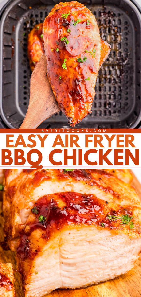 Close-up of a piece of BBQ chicken held above an air fryer basket, with sliced BBQ chicken on a cutting board below and the text "Easy Air Fryer BBQ Chicken".