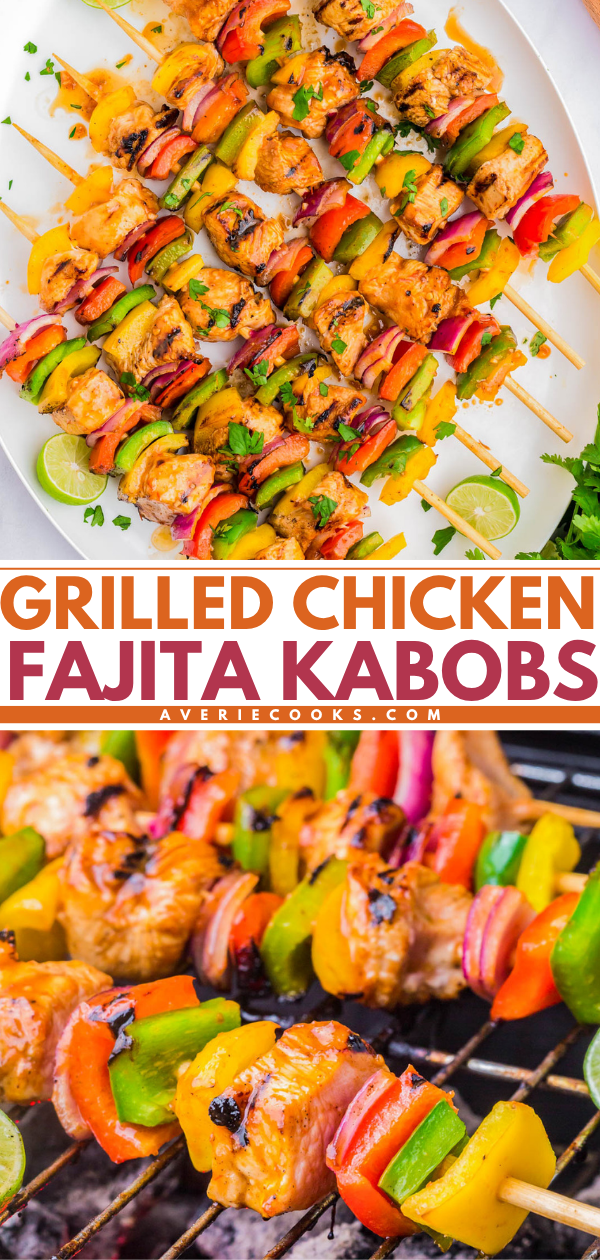 Grilled chicken fajita kabobs with colorful bell peppers and onions, served on skewers with lime wedges and cilantro, shown on a platter and on a grill.