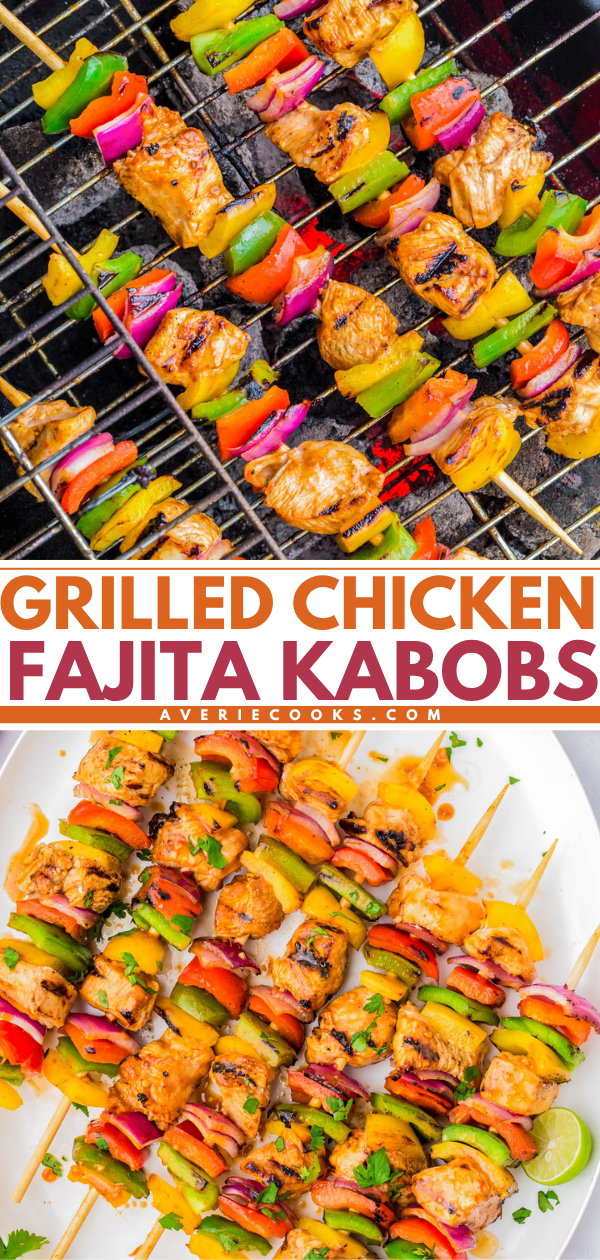 Grilled chicken fajita kabobs with colorful bell peppers and onions on skewers, shown cooking on a grill and served on a white platter.