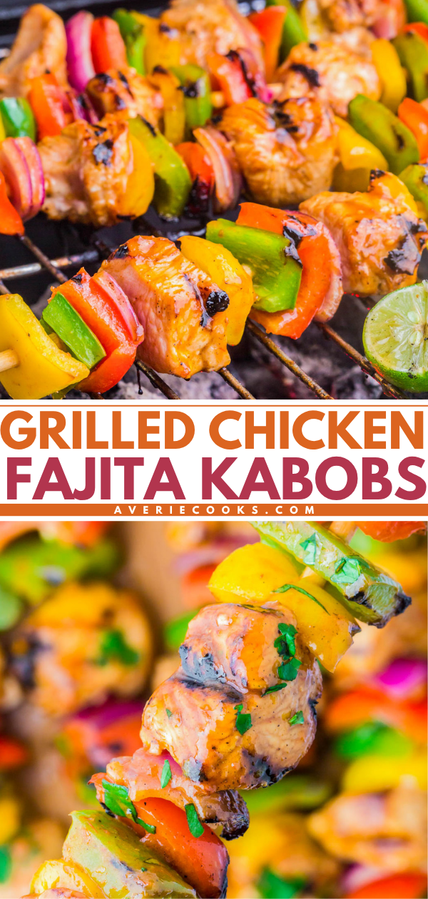 Grilled chicken fajita kabobs with chunks of chicken, red, green, and yellow bell peppers, and onions on skewers.